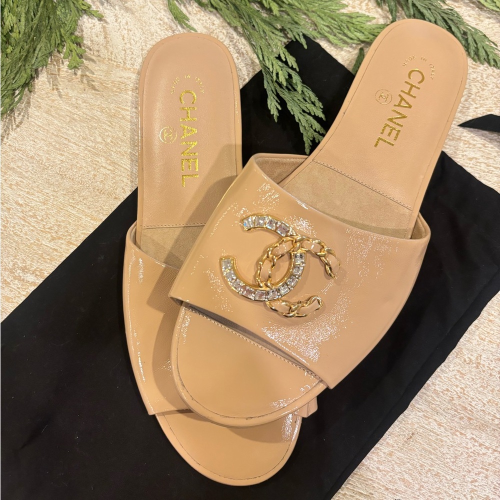 Chanel Beige Slide Sandals with Gold Logo